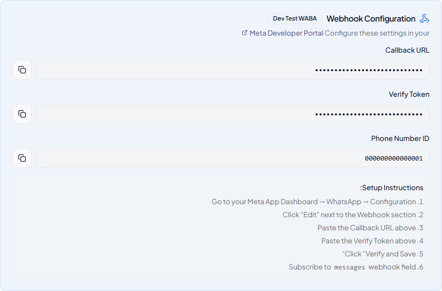 מסך הגדרות עם כתובת Webhook ואסימון אימות להעברת התחברות WhatsApp ומערכות חיצוניות